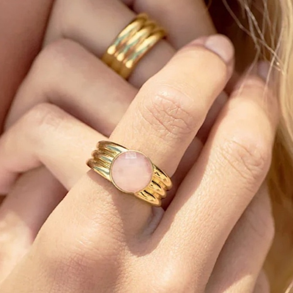 Gorjana New 18k Gold Plated Brass Rose Quartz Power Gemstone Reed Ring for Love